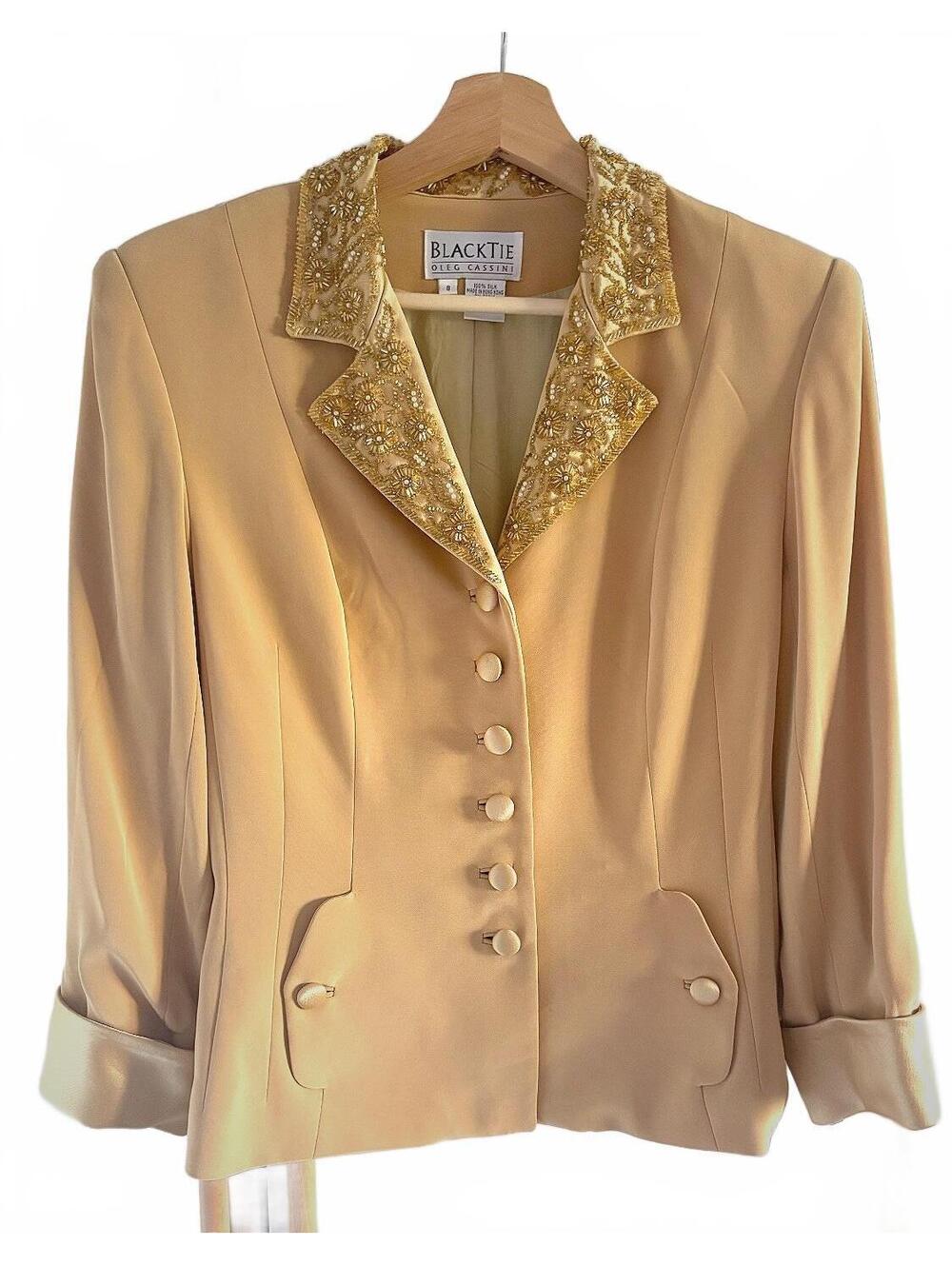 Vintage Oleg Cassini Blacktie 100% Silk Gold Blazer Beaded Collar Size 8 #event